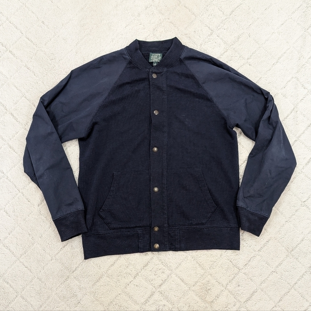 J. Crew Jacket Mens L Blue Navy Bomber Button Snap Varsity Sporting Goods Cotton
